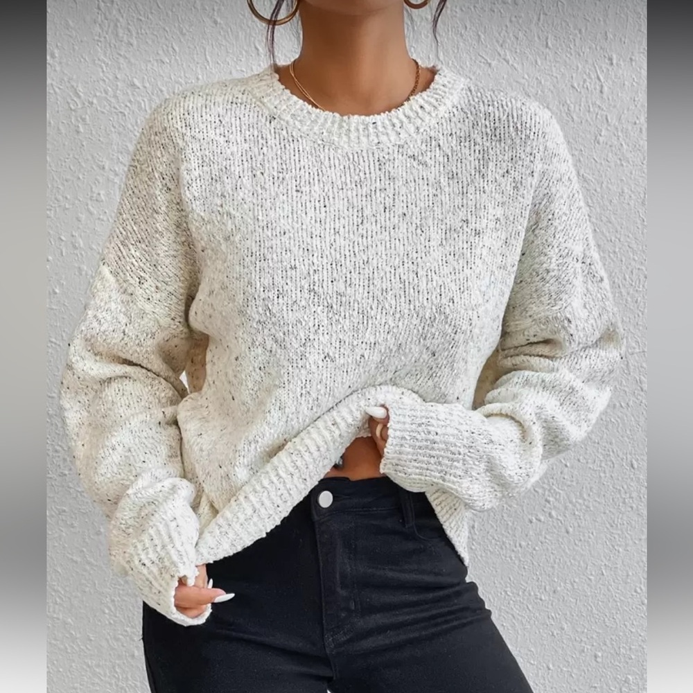 SHEIN Cream Oversized Knit Sweater | Cozy Slouchy Drop Shoulder Crewneck
